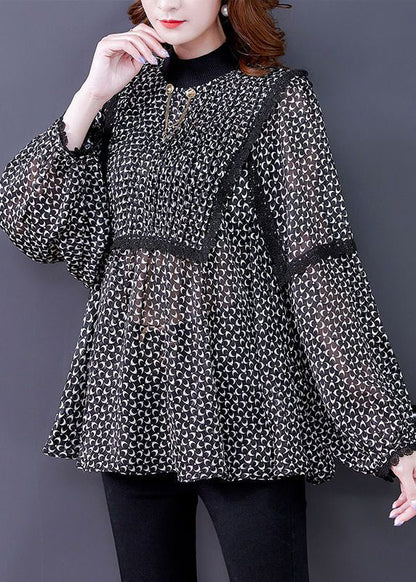 Loose Black Turtleneck Print Lace Patchwork Chiffon Shirt Fall