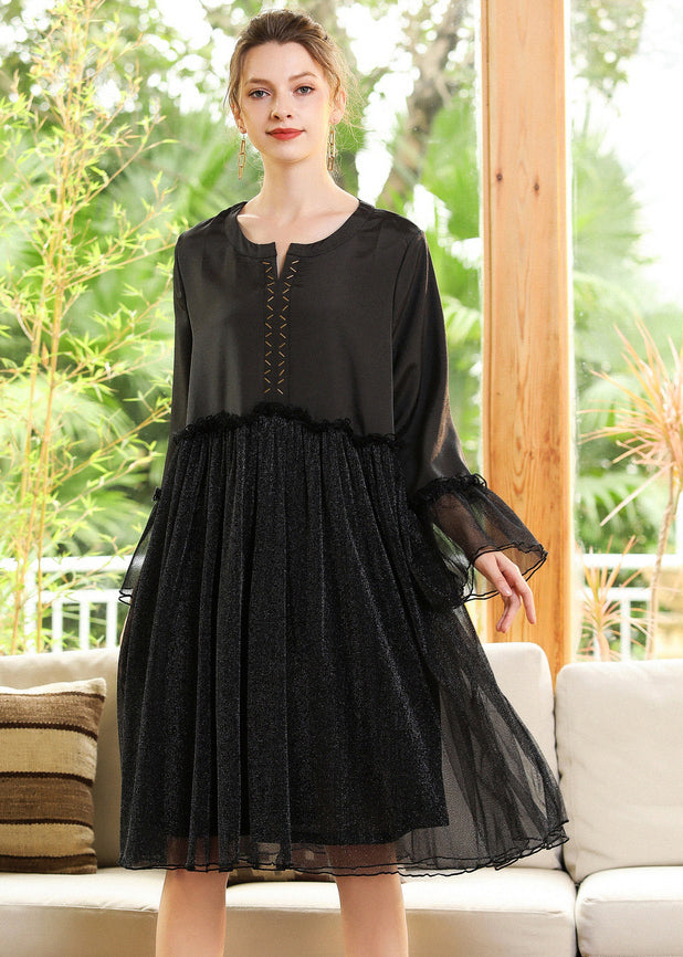 Silvery Sequins Exra Large Hem Patchwork Chiffon a Line Dress Spring