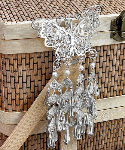 Original Design Silk Sterling Silver Pearl Butterfly Tassel Hairpin