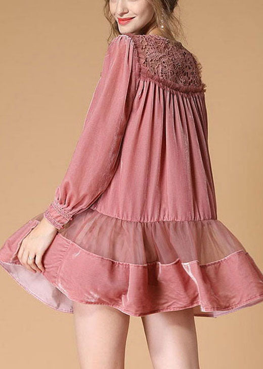 Handmade Pink Embroideried Patchwork Wrinkled Fall Long Sleeve Dress