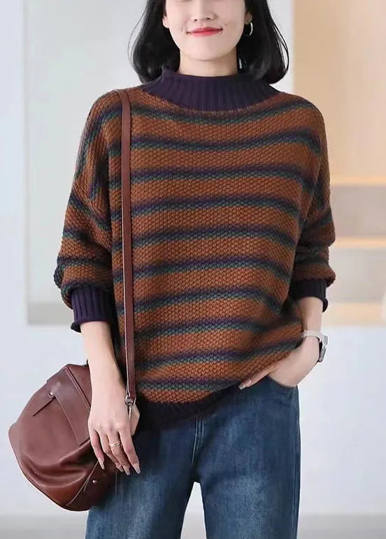 Brown Oversized Striped Knitted Tops Spring