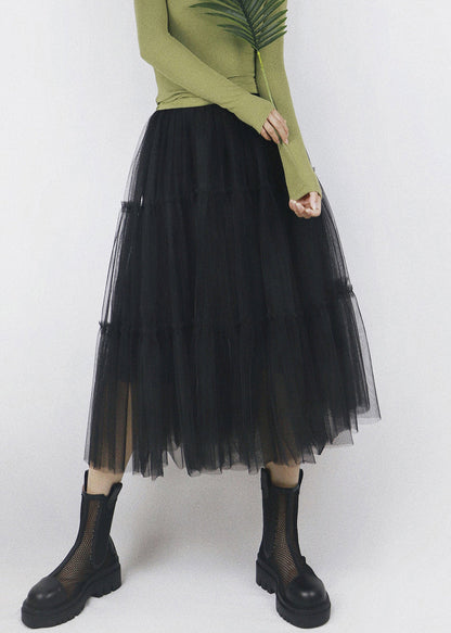 Black Elastic Waist Patchwork Tulle Skirt Ruffled