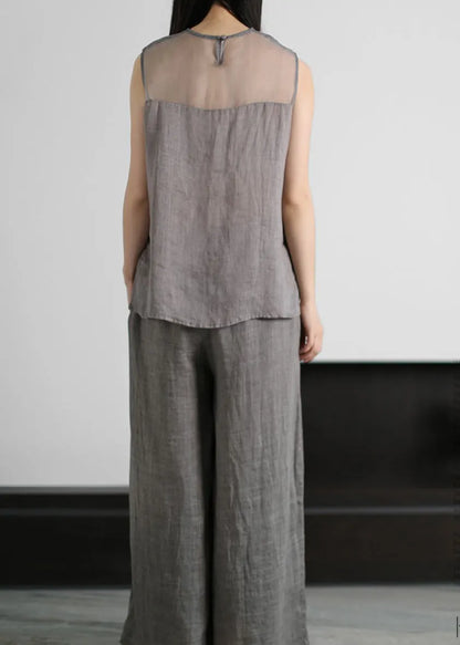 Grey Embroideried Hollow Out Tulle Patchwork Linen Two Piece Suit Set Sleeveless