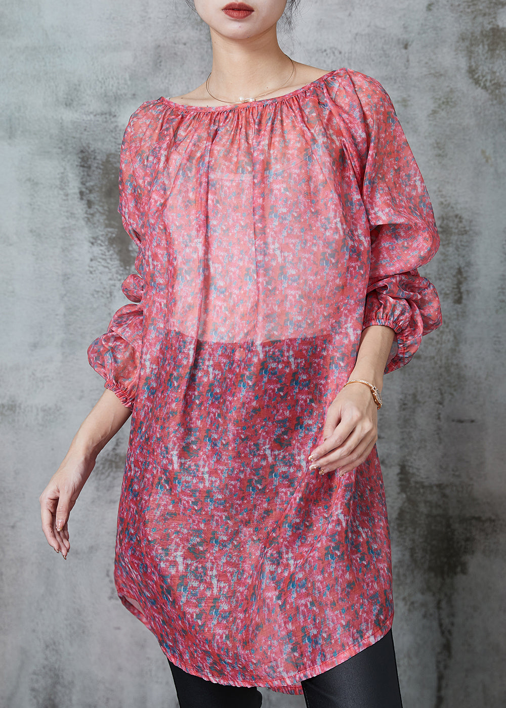 Boutique Red Print Linen Silk Upf 50+ Long Tops Spring