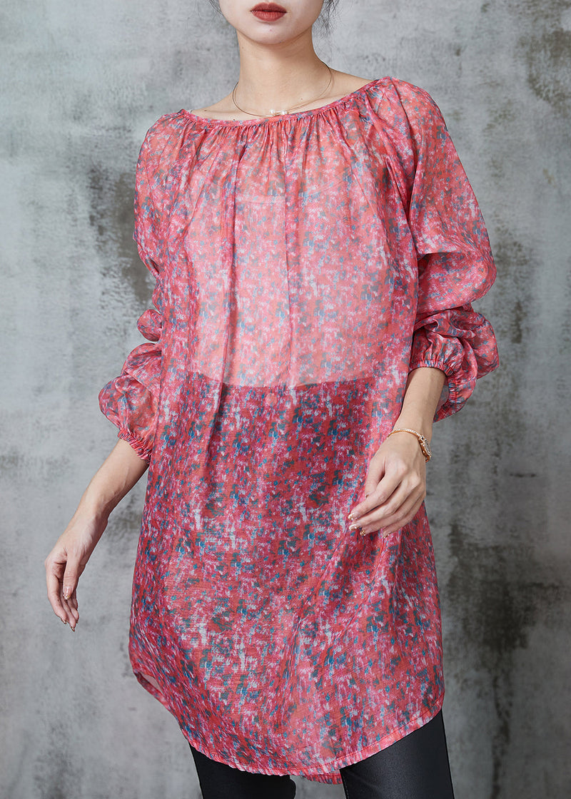Boutique Red Print Linen Silk Upf 50+ Long Tops Spring