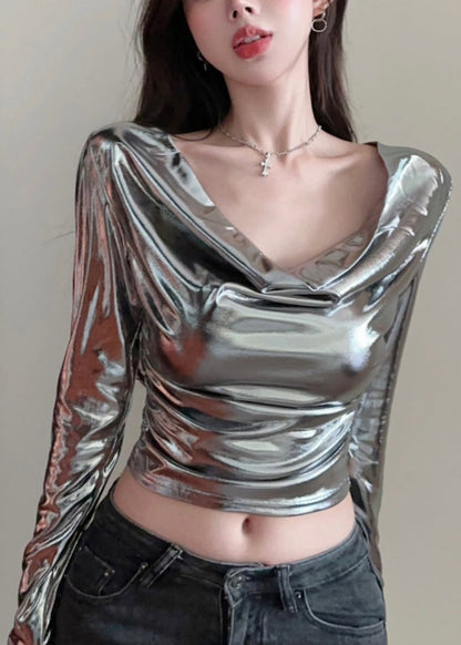 Original Design Silvery Turtle Neck Tops Spring