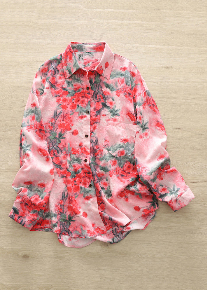 Red Peter Pan Collar Print Button Shirts Long Sleeve