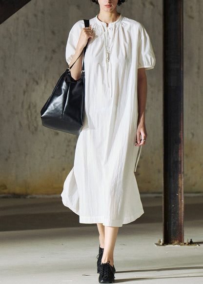 Handmade White O-neck Cinched Loose Cotton Long Dresses Summer