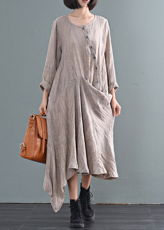 Khaki Asymmetrical Tie Dye Linen Ankle Dress Fall