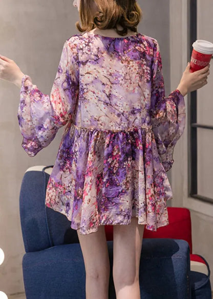 Boutique Purple O-neck Chiffon Tops Half Sleeve