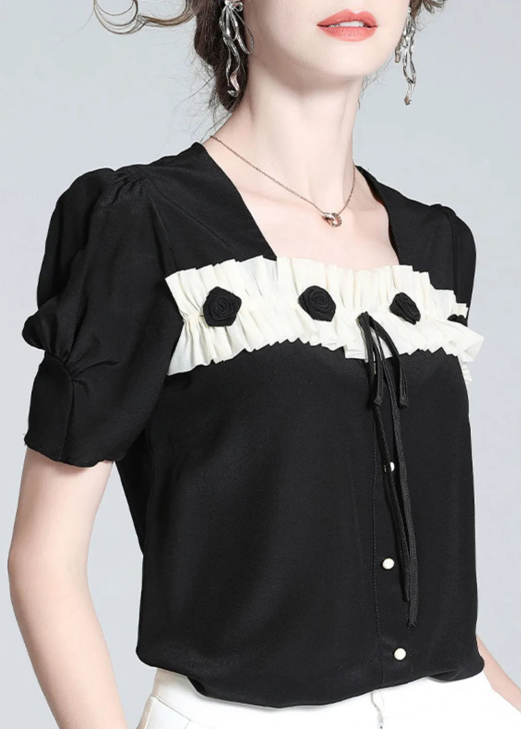 Black Square Collar Patchwork Silk Top Summer