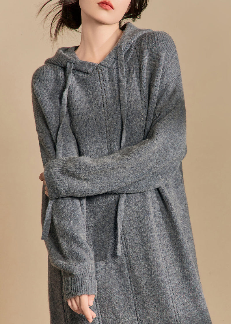 New Grey Hooded Hollow Out Knit Long Dress Winter