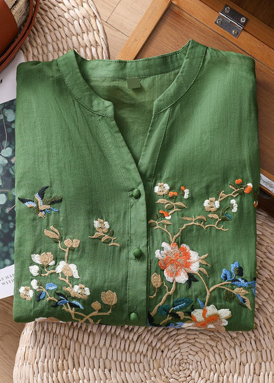Green Embroideried Button Patchwork Linen Top Bracelet Sleeve