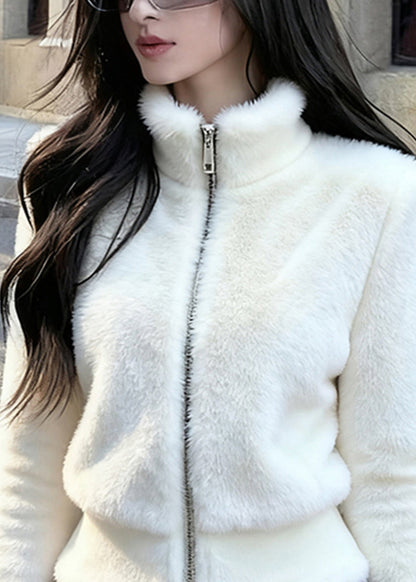 Natural White Zippered Patchwork Mink Hair Coat Spring