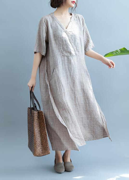 French Khaki Linen Dress V Neck Robe Summer Dresses