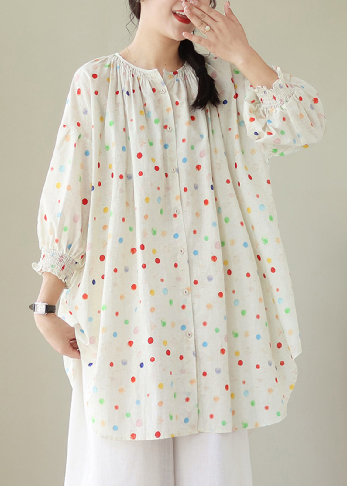 Beige O Neck Print Wrinkled Cotton Shirt Tops Summer