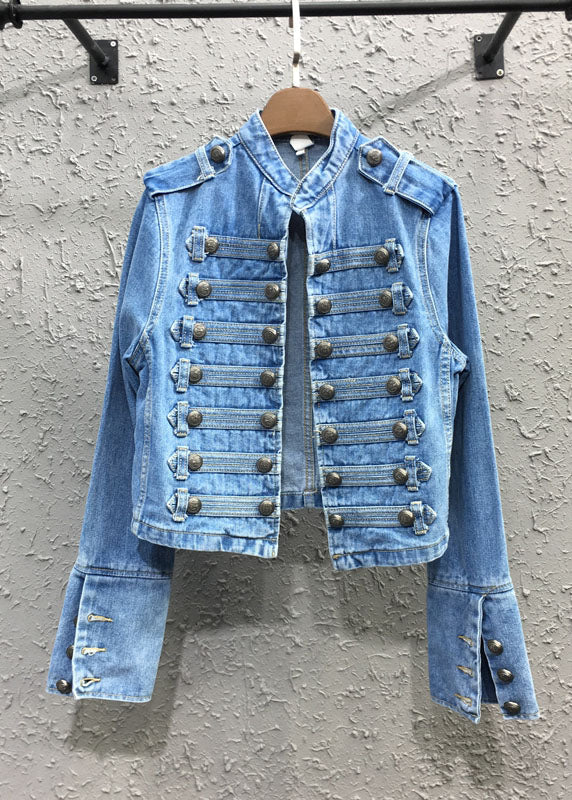 Light Blue Stand Collar Patchwork Button Jacket Fall