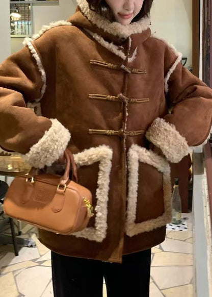 Brown Hooded Pockets Fleece Wool Lined Coat Spring