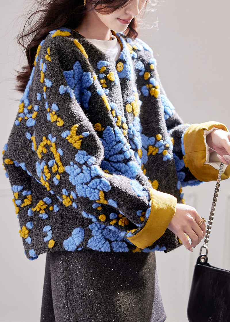 Blue Embroidered Button Duck Down Woolen Coat Winte