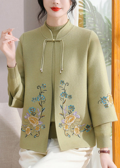 Art Green Stand Collar Cotton Knit Coats and Sweater Two Pieces Set Fall
