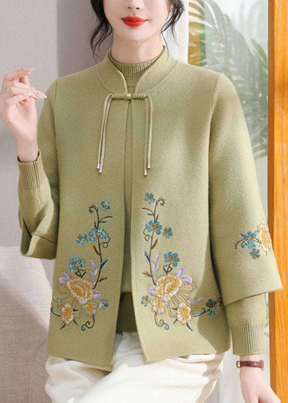 Art Green Stand Collar Cotton Knit Coats and Sweater Two Pieces Set Fall