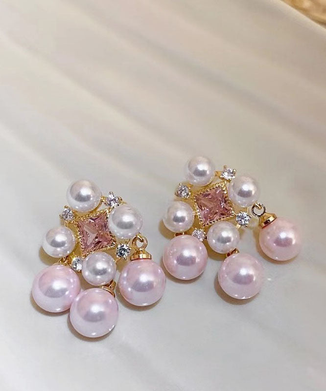 Light Pink Alloy Zircon Pearl Hollow Out Stud Earrings