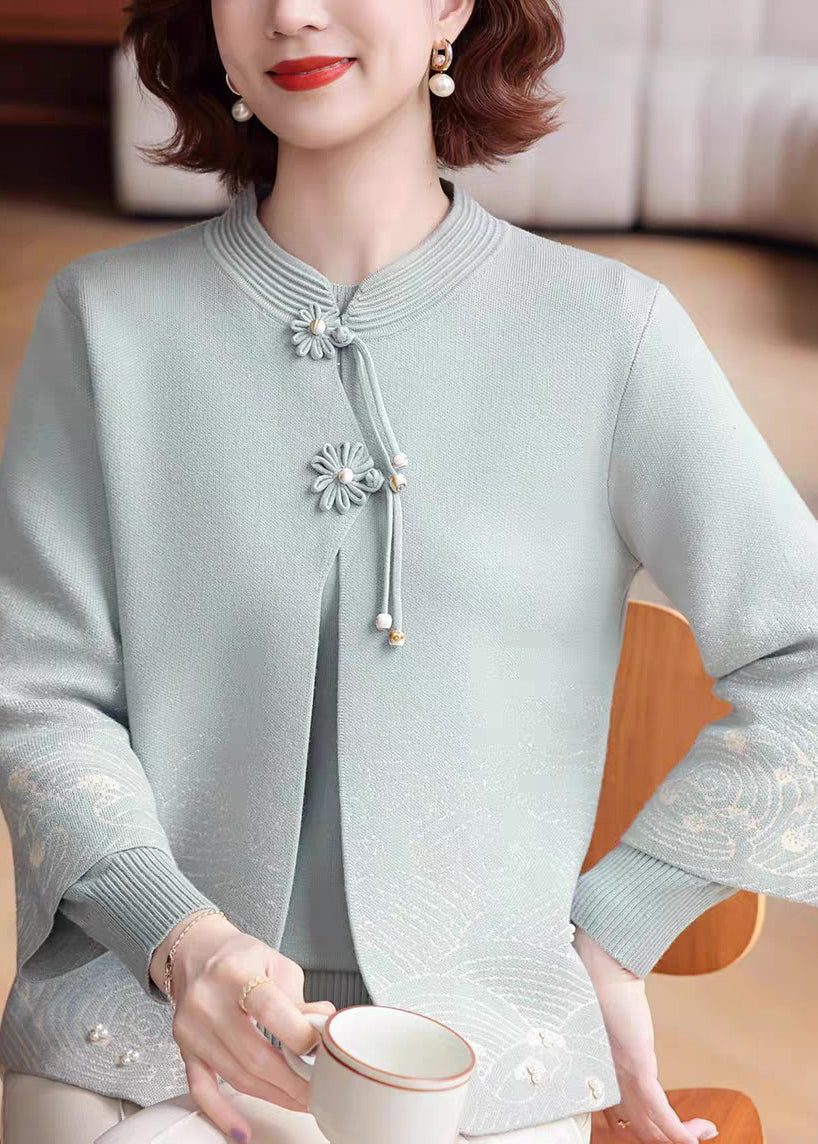 Blue Stand Collar Cotton Knit Coats Three Quarter Sleeve