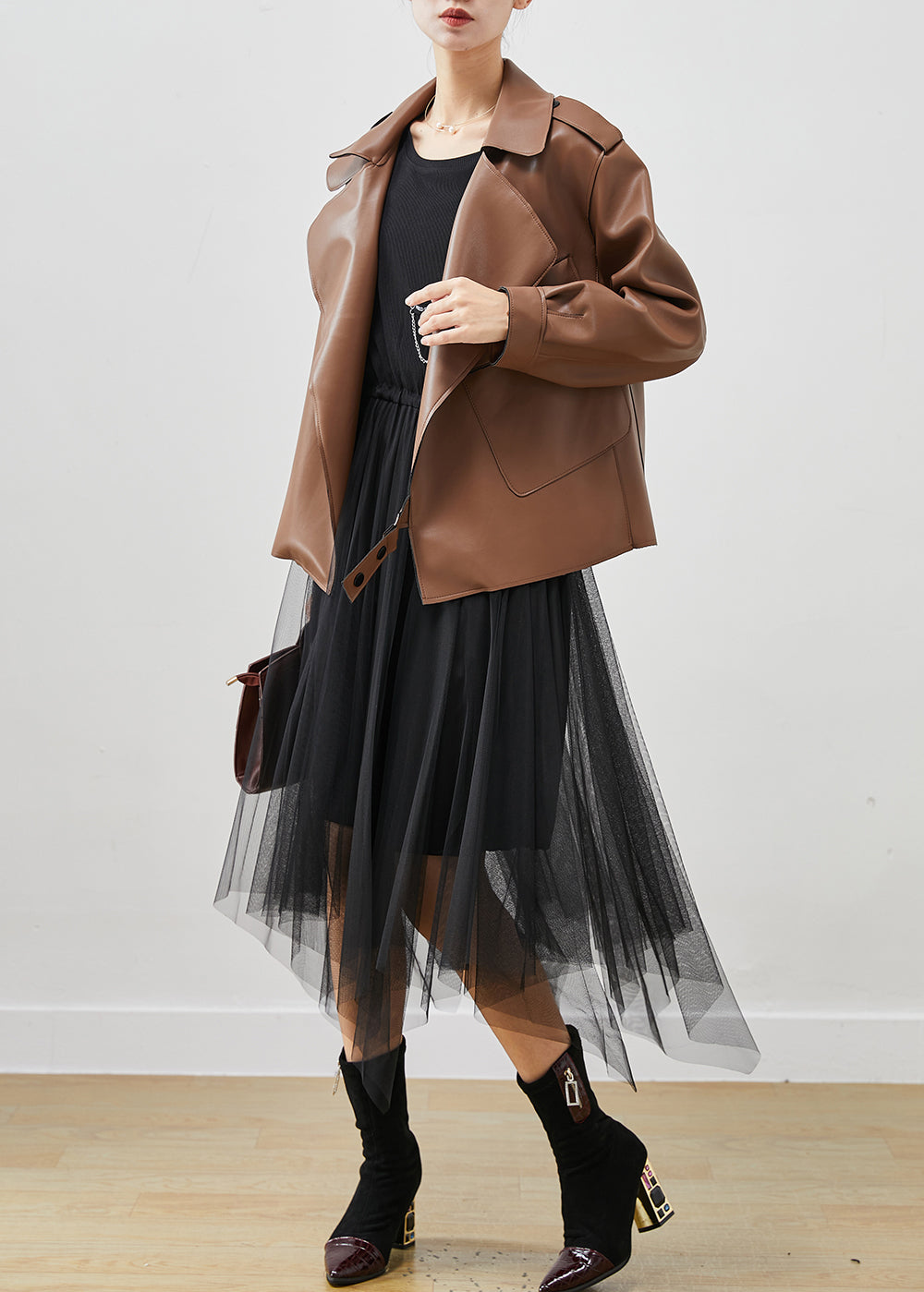 Khaki Faux Leather Coats and Tull Dress Two Piece Suit Set Oversized Spring
