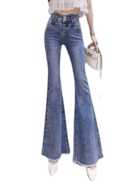Blue High Waist Button Long Jeans Spring