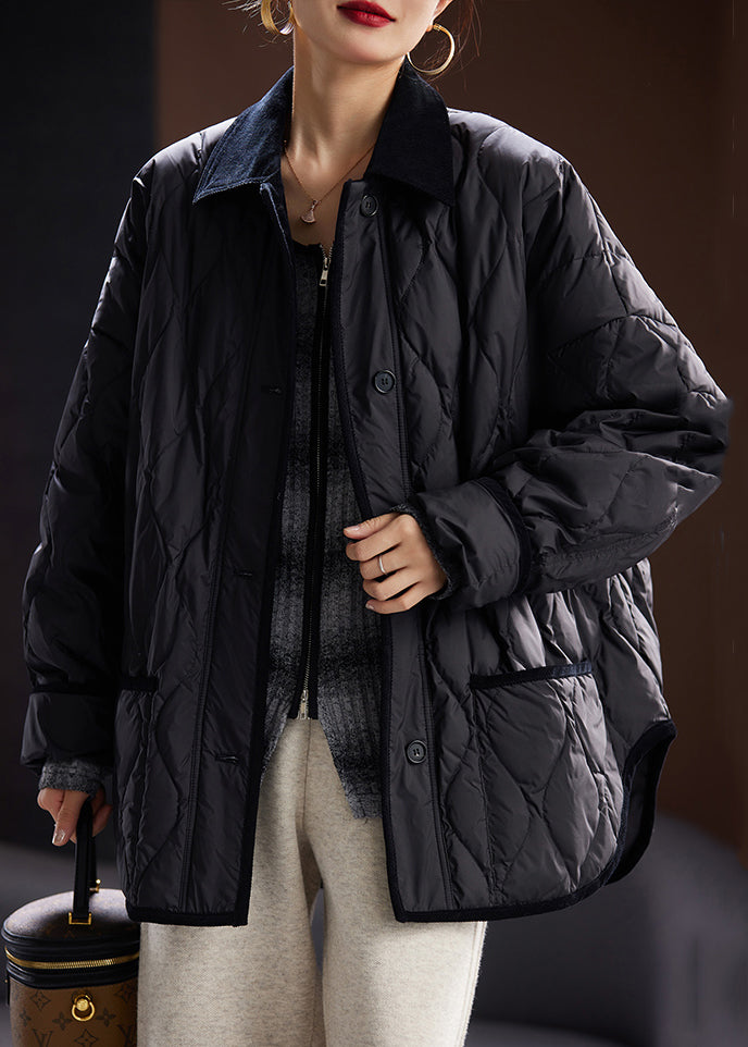 Khaki Peter Pan Collar Pockets Duck Down Coat Long Sleeve