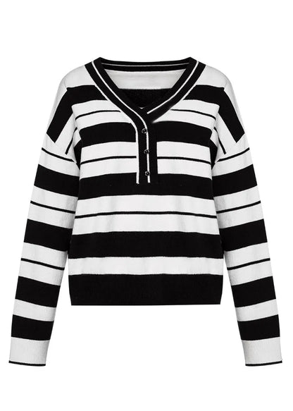 Black White Striped V Neck Cotton Knit Sweater Fall