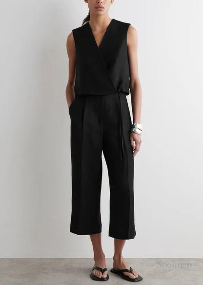 Black V Neck Lace Up Linen Shirt Tops Summer