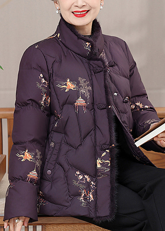Orange Fur Collar Print Button Warm Fine Cotton Filled Coats Winter