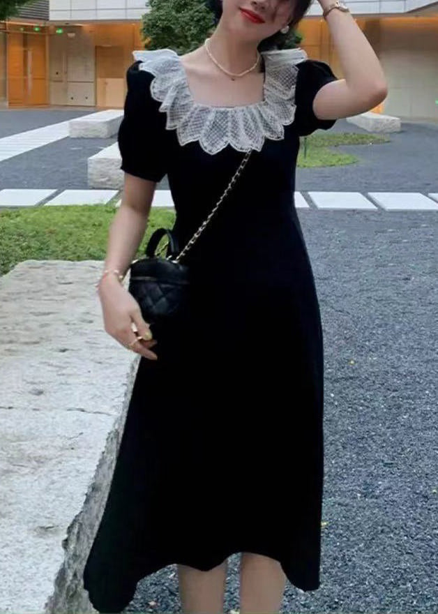 New Black Square Collar Cotton Dress Summer