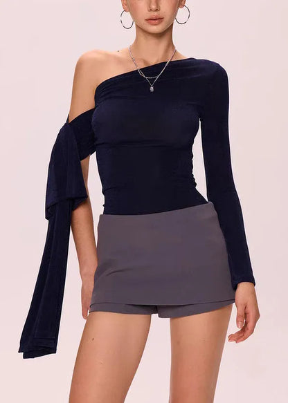 New Navy Asymmetrical Cold Shoulder Cotton T Shirt Fall