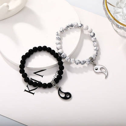 Buddha Stones 2pcs Black Onyx White Turquoise Bead Yin Yang Protection Couple Bracelet