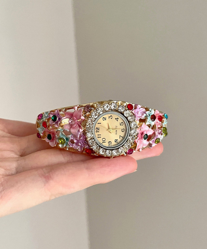 Gold Pink Alloy Zircon Cloisonne Watches