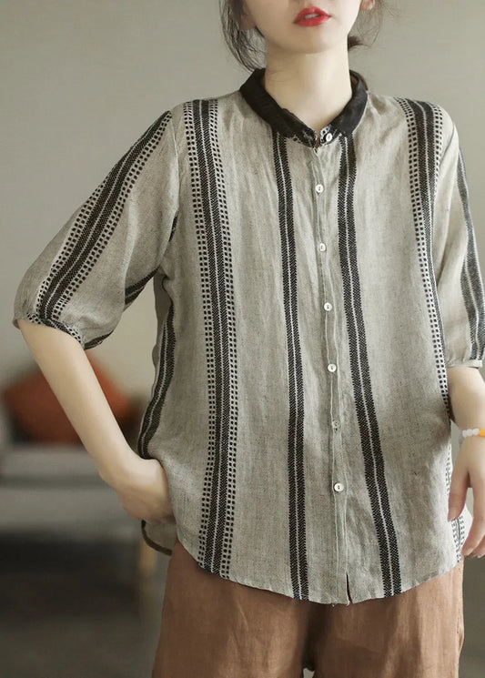 Colour 1 Peter Pan Collar Print Button Linen Shirt Half Sleeve