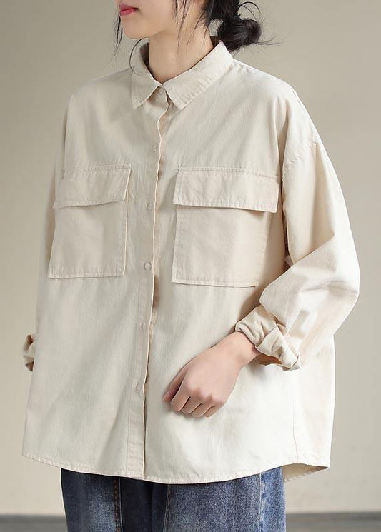 French Beige Tops Lapel Pockets Daily Spring Shirt