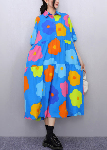 Blue Print Pockets Patchwork Cotton Blouses Dresses Half Sleeve Summer