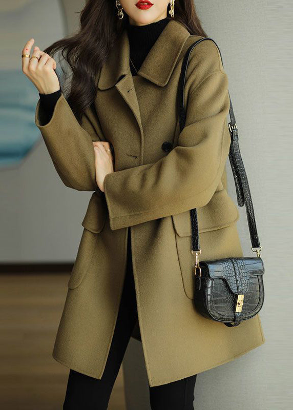 Green Peter Pan Collar Button Pockets Woolen Coat Winter
