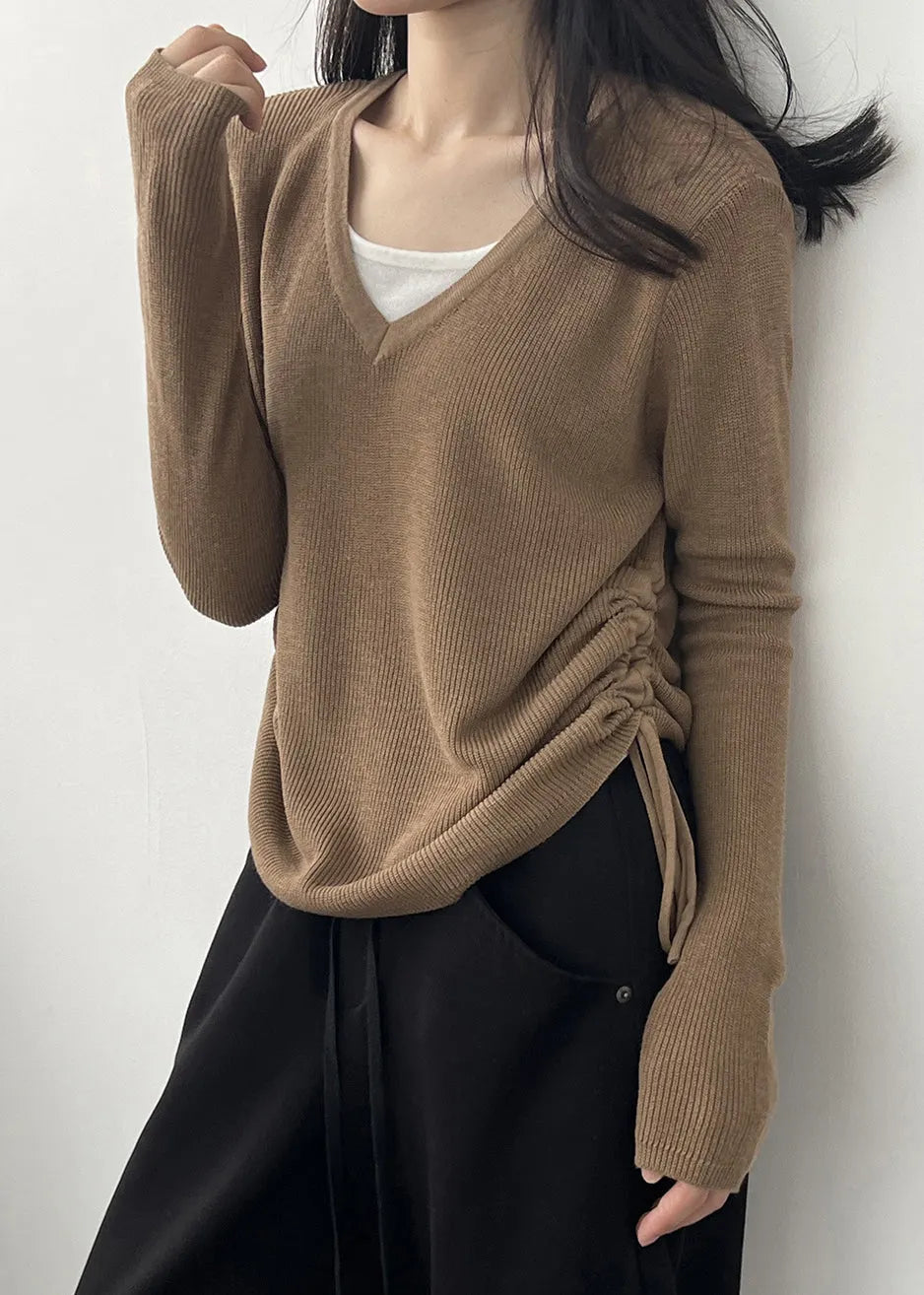 Coffee Cinched Knit Blouses V Neck Long Sleeve