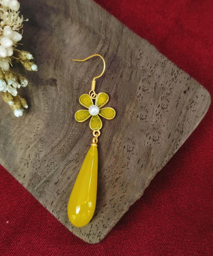 Yellow Sterling Silver Overgild Zircon Pearl Enamel Drop Earrings
