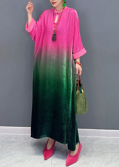 Gradient Color Stand Collar Silk Velour Maxi Dresses Fall