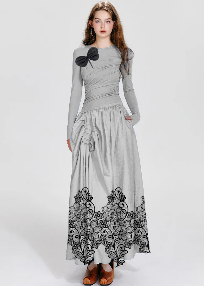 French Black O-neck Asymmetrical Wrinkled Maxi Dresses Spring