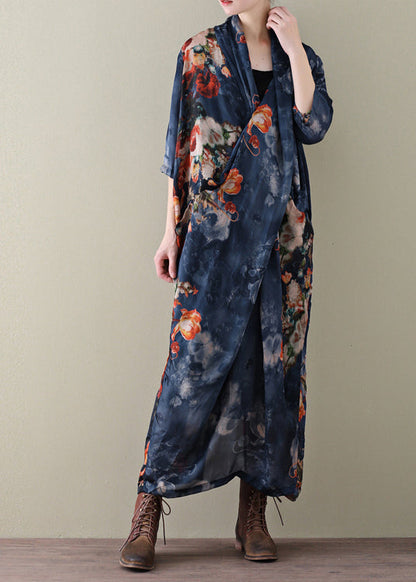 Navy Print Chiffon Beach Dress and Spaghetti Strap Dress Two Piece Set Summer