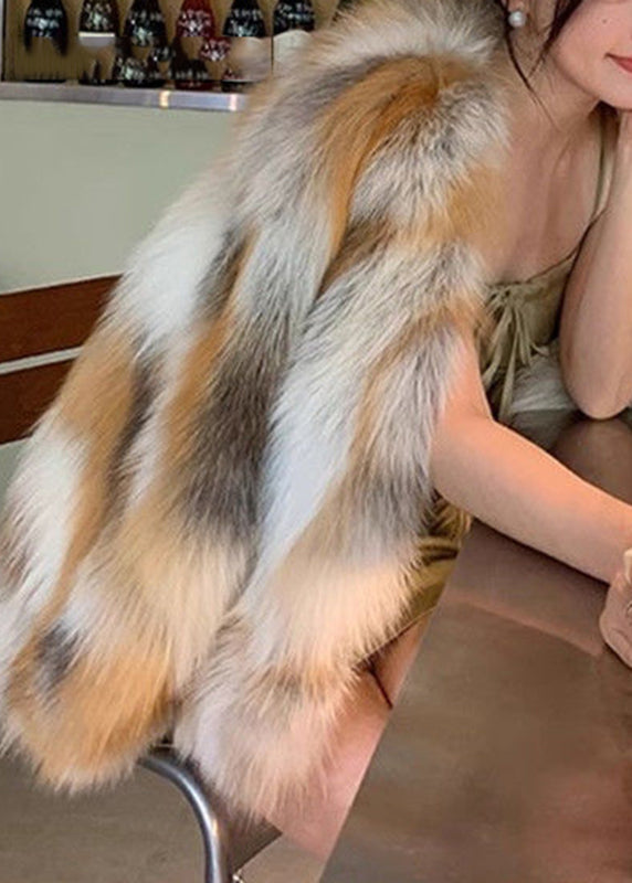 Brown Grey Leather and Fur Coats Coat V Neck
