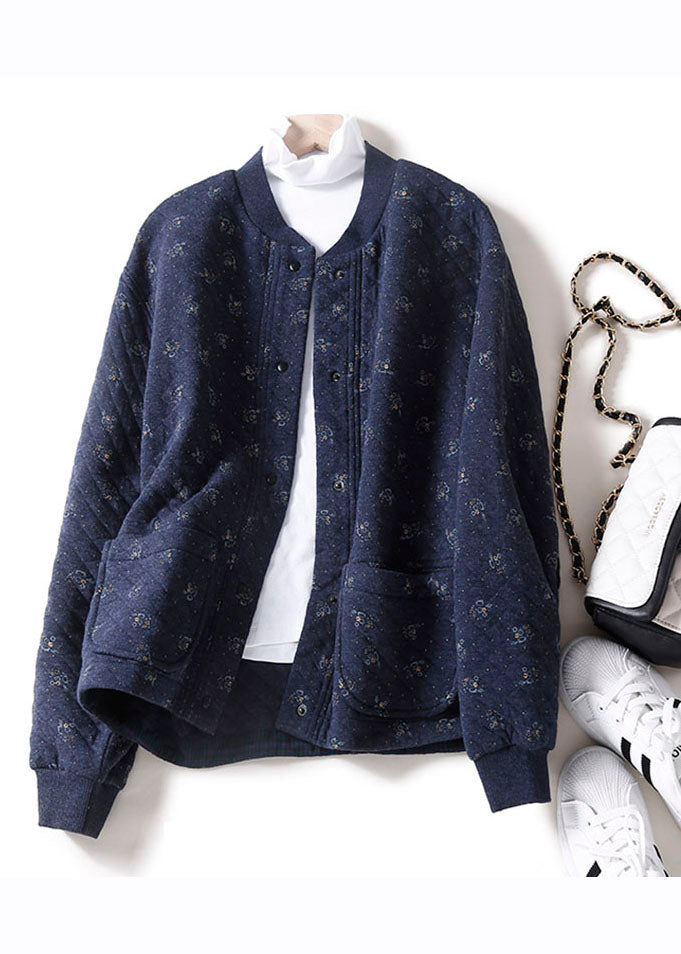 Unique Apricot O-neck Print Button Pockets Thick Cotton Coats Winter
