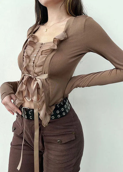 Slim Fit Khaki Tie Waist Ruffled Patchwork Top Long Sleeve