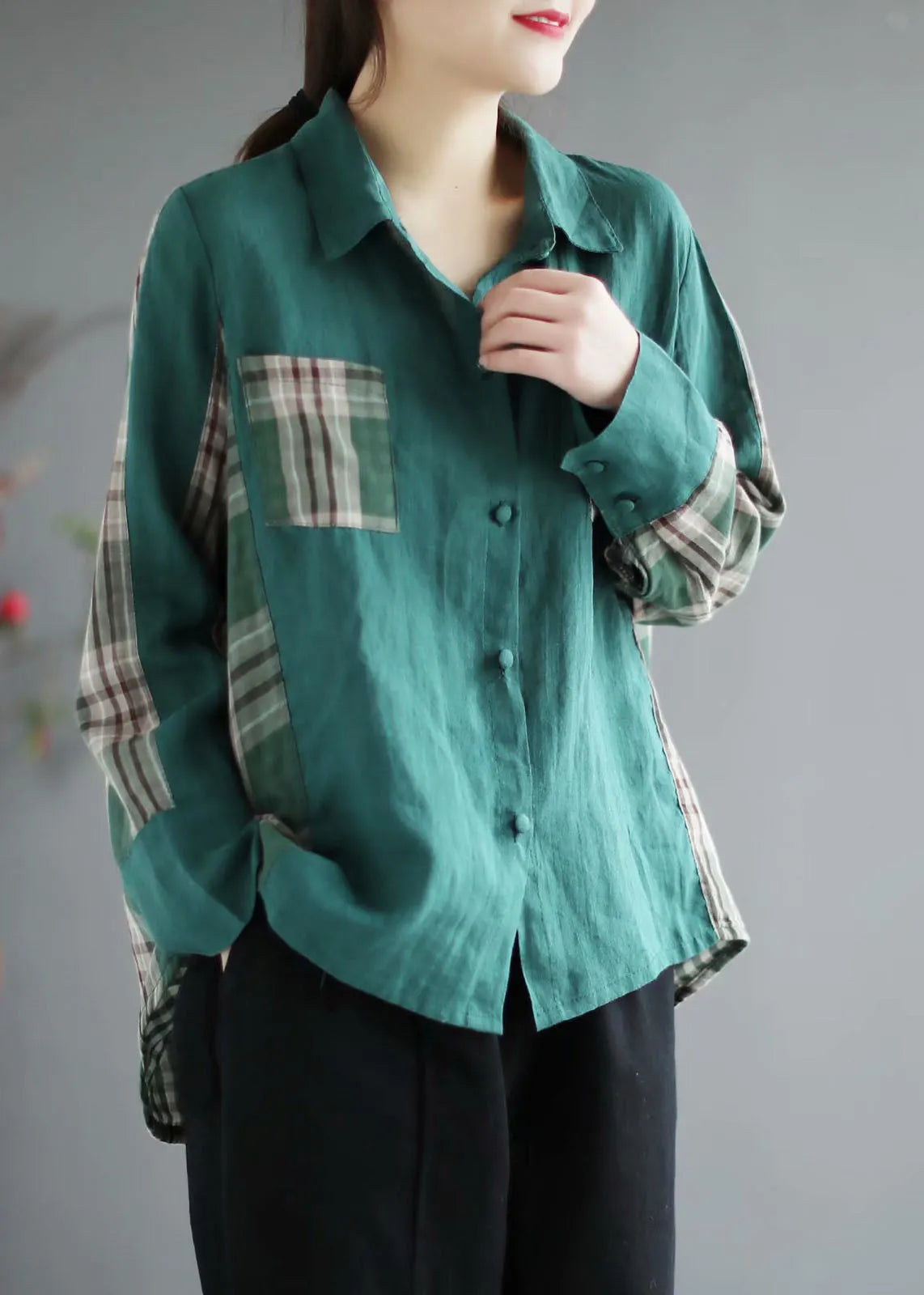 French Green Plaid Patchwork Peterpan Collar Pockets Fall Long Sleeve Tops